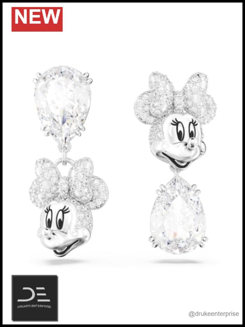 Disney Minnie Mouse Asymmetrical Drop Earrings Rhodium Finished Clear Crystals